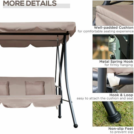 Outsunny 2-in-1 Patio Swing Chair 3 Seater Hammock Cushion Bed Tilt Canopy Beige Outsunny 2-in-1 Patio Swing Chair 3 Seater Hammock Cushion Bed Tilt Canopy Beige -Outsunny store 10658960 5