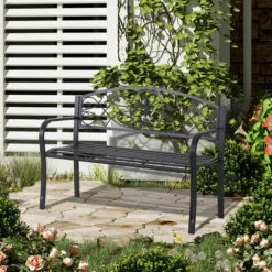 Outsunny Outdoor Patio Garden Bench Scroll Park Furniture Porch Chair Metal -Outsunny store 11678514 3