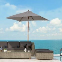 Outsunny Wooden Patio Umbrella Market Parasol Outdoor Sunshade 6 Ribs Grey -Outsunny store 11678736 3