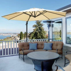 Outsunny 3(m) Garden Banana Parasol Patio Cantilever Hanging Umbrella Beige 4 Outsunny 3(m) Garden Banana Parasol Patio Cantilever Hanging Umbrella Beige -Outsunny store 11678812 3