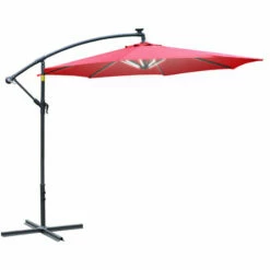 Outsunny 3(m) LED Patio Banana Umbrella Cantilever Parasol W/ Crank, Red