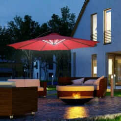 Outsunny 3(m) LED Patio Banana Umbrella Cantilever Parasol W/ Crank, Red -Outsunny store 11679074 3