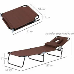 Outsunny Folding Sun Lounger Reclining Chair W/ Pillow Reading Hole Brown -Outsunny store 11679151 2