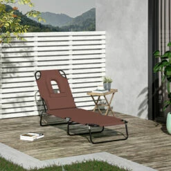 Outsunny Folding Sun Lounger Reclining Chair W/ Pillow Reading Hole Brown -Outsunny store 11679151 3