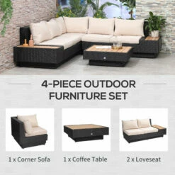 Outsunny 4Pcs Rattan Sofa Set Garden Furniture Set With Armrest Cushions Black -Outsunny store 11679177 5
