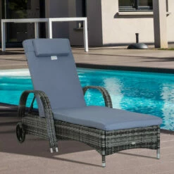 Outsunny Adjustable Wicker Rattan Sun Lounger Recliner Chair W/ Cushion Grey -Outsunny store 11679181 3