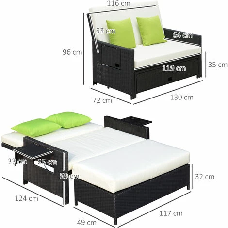Outsunny Garden Rattan Furniture Set 2 Seater Patio Sun Lounger Daybed Sun Bed 3 Outsunny Garden Rattan Furniture Set 2 Seater Patio Sun Lounger Daybed Sun Bed - Image 2