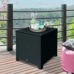 Outsunny Side Table Furniture Tempered Glass Garden Patio Wicker Black 4 Outsunny Side Table Furniture Tempered Glass Garden Patio Wicker Black -Outsunny store 1180101 3