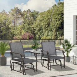 Outsunny Double Glider Companion Rocking Chairs Loveseat Garden Table Grey -Outsunny store 12200271 3