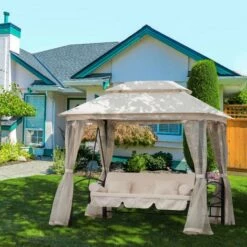 Outsunny 3 Seater Swing Chair Hammock Gazebo Patio Bench Outdoor Beige -Outsunny store 12200272 3