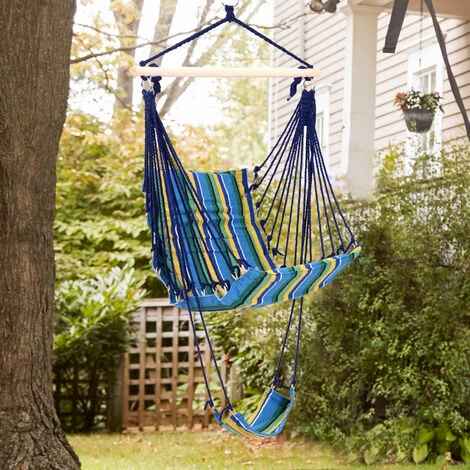 Outsunny Hammock Swing Chair Hanging Rope Striped Seat w/ Foot Rest Indoor Outsunny Hammock Swing Chair Hanging Rope Striped Seat W/ Foot Rest Indoor -Outsunny store 12200274 2