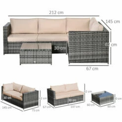 Outsunny 3Pcs Rattan Corner Sofa Set Coffee Table Garden Furniture W/ Cushion -Outsunny store 12200281 2