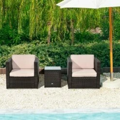 Outsunny 3Pcs Patio 2 Seater Rattan Sofa Garden Furniture Set Coffee W/ Cushions -Outsunny store 12200283 3