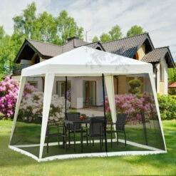 Outsunny 3x3m Outdoor Gazebo Canopy Tent Event Shelter W/ Mesh Screen Side White -Outsunny store 12200315 3
