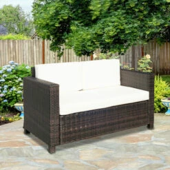 Outsunny Rattan Wicker 2-seat Sofa Loveseat Padded Garden Furniture Brown -Outsunny store 13140211 3