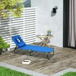Outsunny Folding Sun Lounger Reclining Chair W/ Pillow Reading Hole Blue -Outsunny store 1366729 3