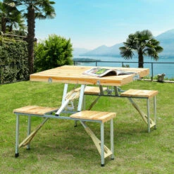 Outsunny Wooden Portable Folding Camping Picnic Table BBQ Chairs Stools Set -Outsunny store 1366736 3
