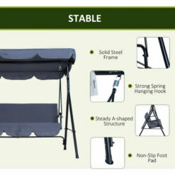 Outsunny Garden Patio Swing Chair 3 Seater Swinging Hammock Canopy Outdoor Cushioned Bench Bed Seat (Grey) -Outsunny store 1366757 5