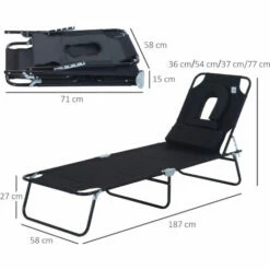Outsunny Folding Sun Lounger Reclining Chair W/ Pillow Reading Hole Black -Outsunny store 1366761 2