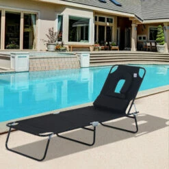 Outsunny Folding Sun Lounger Reclining Chair W/ Pillow Reading Hole Black -Outsunny store 1366761 3