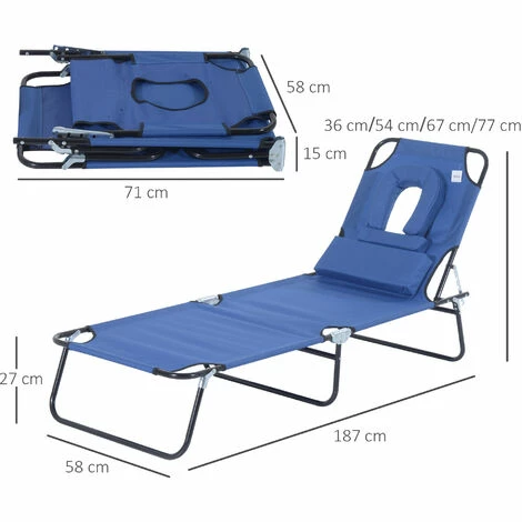Outsunny Folding Sun Lounger Reclining Chair w/ Pillow Reading Hole Blue Outsunny Folding Sun Lounger Reclining Chair W/ Pillow Reading Hole Blue -Outsunny store 1366762 2