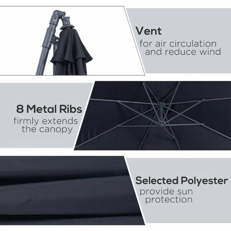 Outsunny 3(m) Cantilever Parasol Banana Umbrella w/ Crank & Tilt, Black Outsunny 3(m) Cantilever Parasol Banana Umbrella W/ Crank & Tilt, Black -Outsunny store 1513421 5