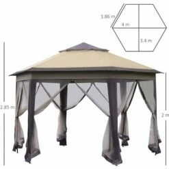 Alternative view of Outsunny 4x4m Hexagon Gazebo W/ Metal Frame Mesh Curtains Outdoor Garden, Beige