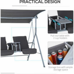 Outsunny 2 Person Covered Patio Swing With Pivot Table & Storage Console Grey -Outsunny store 17049188 5