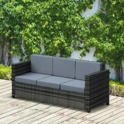 Outsunny Rattan Wicker 3-seater Sofa Chair Patio Furniture W/ Cushions Black -Outsunny store 17049206 3