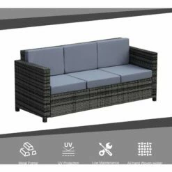 Outsunny Rattan Wicker 3-seater Sofa Chair Patio Furniture W/ Cushions Black -Outsunny store 17049206 4