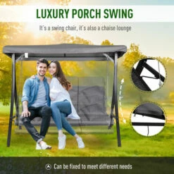Outsunny Outdoor 3-person Porch Swing Chair Chaise Lounge Patio Garden Grey -Outsunny store 17274278 4