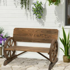 Outsunny Rustic Wood Design Home Garden Wagon Wheel Bench Décor Outdoor Loveseat -Outsunny store 17274305 3