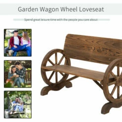Outsunny Rustic Wood Design Home Garden Wagon Wheel Bench Décor Outdoor Loveseat -Outsunny store 17274305 5