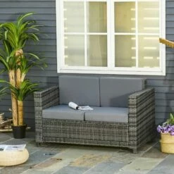 Outsunny Rattan Wicker 2-seat Sofa Loveseat Padded Garden Furniture Grey -Outsunny store 17274348 3