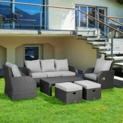 Outsunny 6pc Padded Outdoor Rattan Wicker 3-Seat Sofa Recliner Footstool Table -Outsunny store 17274370 3