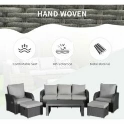 Outsunny 6pc Padded Outdoor Rattan Wicker 3-Seat Sofa Recliner Footstool Table -Outsunny store 17274370 5