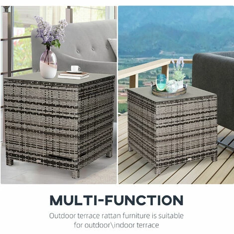 Outsunny Side Table Furniture Tempered Glass Garden Patio Wicker Mixed Grey Outsunny Side Table Furniture Tempered Glass Garden Patio Wicker Mixed Grey -Outsunny store 17274382 5