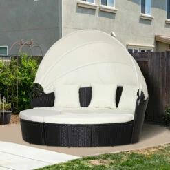 Outsunny 5 PCs Cushioned Outdoor Plastic Rattan Round Sofa Bed Table Set Black -Outsunny store 17619580 3