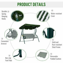 Outsunny 3-person Garden Swing Chair W/ Adjustable Canopy, Green Stripes -Outsunny store 17810783 5
