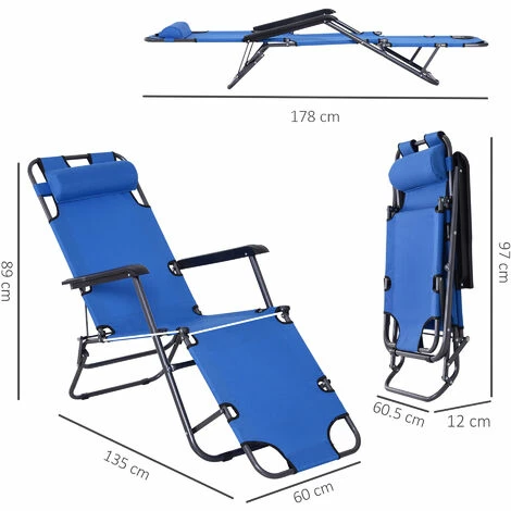 Outsunny 2 In 1 Outdoor Folding Sun Lounger W/ Adjustable Back And Pillow Blue 4 Outsunny 2 In 1 Outdoor Folding Sun Lounger W/ Adjustable Back And Pillow Blue - Image 2