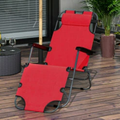 Outsunny 2 In 1 Outdoor Folding Sun Lounger W/ Adjustable Back And Pillow Red -Outsunny store 17810788 3