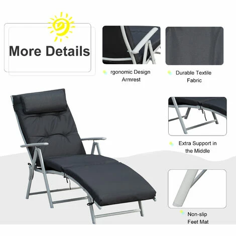 Outsunny Sun Lounger Recliner Foldable Padded Seat Adjustable Texteline Black Outsunny Sun Lounger Recliner Foldable Padded Seat Adjustable Texteline Black -Outsunny store 17810789 4
