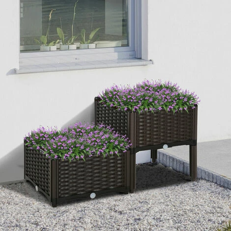 Outsunny 2-piece Elevated Flower Bed Vegetable Herb Planter Plastic, Brown 5 Outsunny 2-piece Elevated Flower Bed Vegetable Herb Planter Plastic, Brown - Image 3