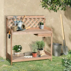 Outsunny Outdoor Wood Potting Table Garden Plant W/ Drawer, Hook, Slatted Shelf -Outsunny store 17859900 3