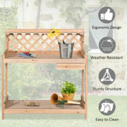 Outsunny Outdoor Wood Potting Table Garden Plant W/ Drawer, Hook, Slatted Shelf -Outsunny store 17859900 5