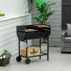 Outsunny Trolley Portable Outdoor Charcoal BBQ Grill Cart 2 Rolling Wheels Black -Outsunny store 17859929 3