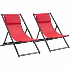 Outsunny 2Pcs Texteline Chaise Lounge Recliner Chair Adjust Lounger Patio Red