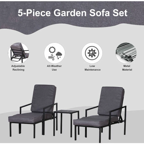 Outsunny 5pcs Garden Recliner Sofa Footstool Coffee Table Set w/ Cushion Outsunny 5pcs Garden Recliner Sofa Footstool Coffee Table Set W/ Cushion -Outsunny store 17859982 4
