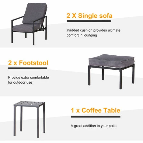 Outsunny 5pcs Garden Recliner Sofa Footstool Coffee Table Set w/ Cushion Outsunny 5pcs Garden Recliner Sofa Footstool Coffee Table Set W/ Cushion -Outsunny store 17859982 5