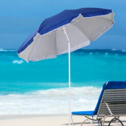 Outsunny Arc1.7m Outdoor Beach Umbrella Parosol Tilt Sun Shelter W/ Bag Blue -Outsunny store 17860022 3